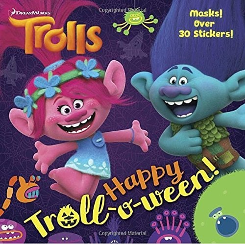 Cover of Happy Troll-o-ween! featuring colorful Trolls characters dressed in Halloween costumes, surrounded by festive decorations.