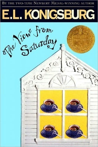 Cover of The View from Saturday by E.L. Konigsburg featuring an illustration of a tea party with four students and a teacher.