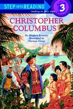 Book cover of 'Christopher Columbus' with illustrations of Christopher Columbus and indigenous people, set against a tropical background.
