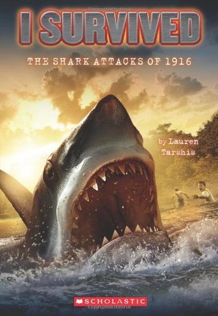 Book cover of 'I Survived' graphic novel with shark attack scene and two boys.