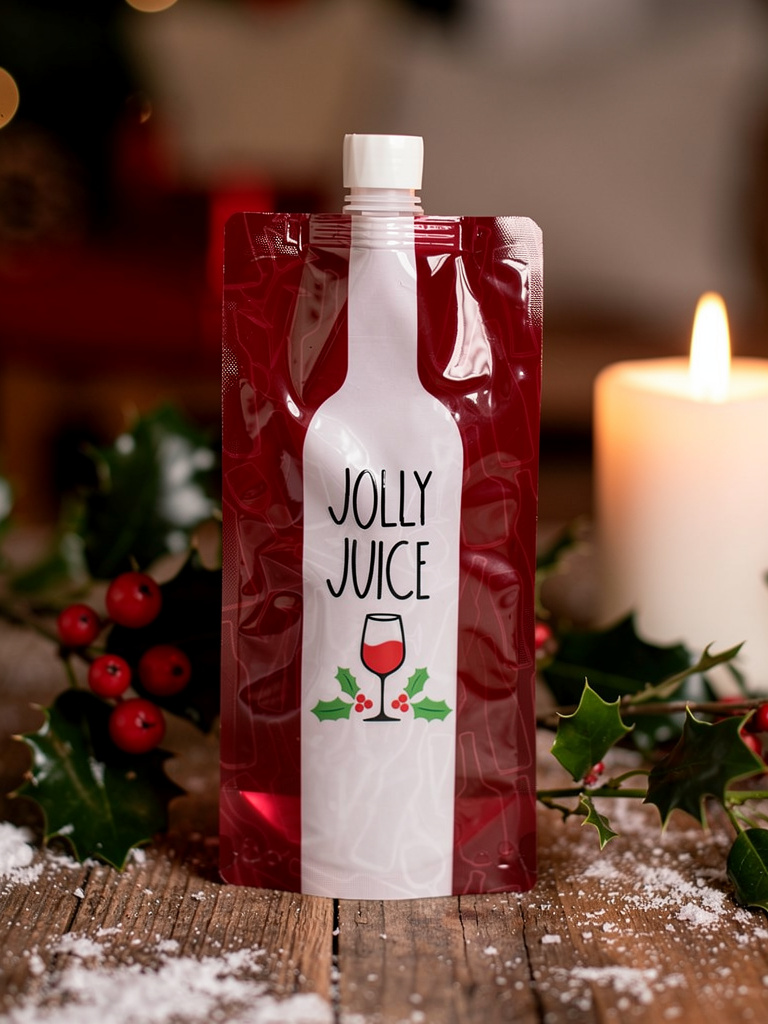 Red and white 'Jolly Juice' pouch with a candle and holly in the background