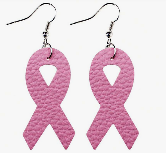 Pink ribbon earrings on a white background