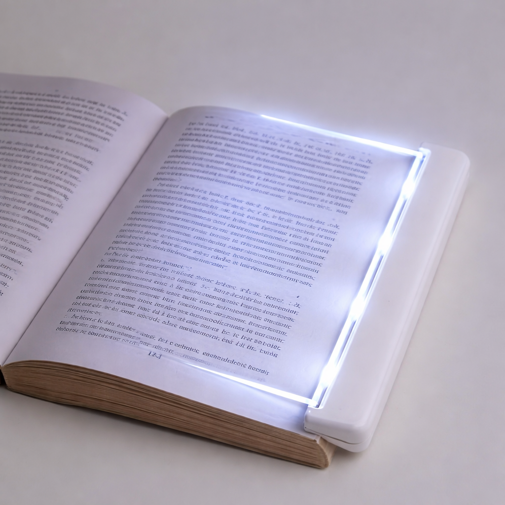 LED flat panel reading light placed over an open book, evenly illuminating the page for night reading on a white surface