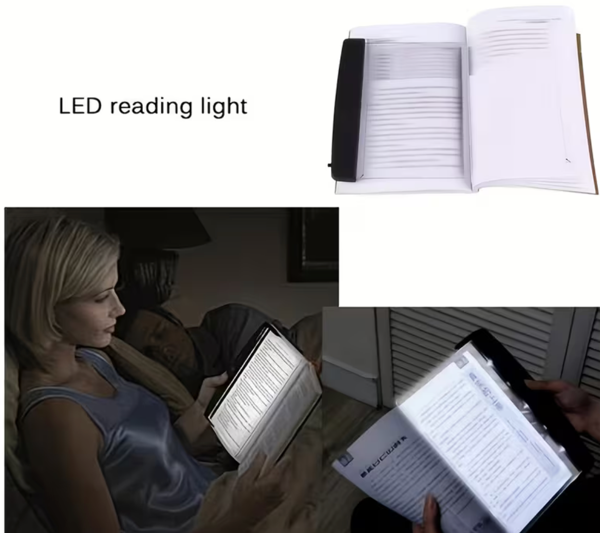 LED flat panel reading light illuminating open book pages during night reading, shown in use while reading in bed and on a tabletop book surface