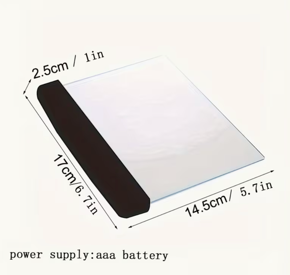 Diagram showing LED flat panel reading light dimensions with measurements in centimeters and inches and note that it is powered by AAA batteries