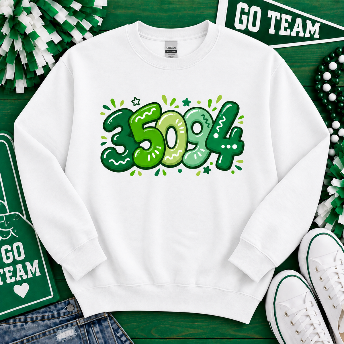Leeds 35094 green graphic white crewneck sweatshirt