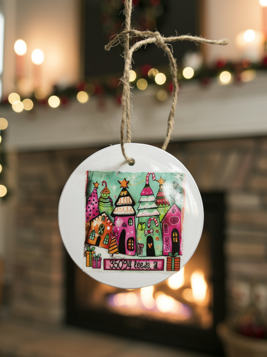 Leeds AL 35094 whimsical Christmas village ceramic ornament hanging near fireplace