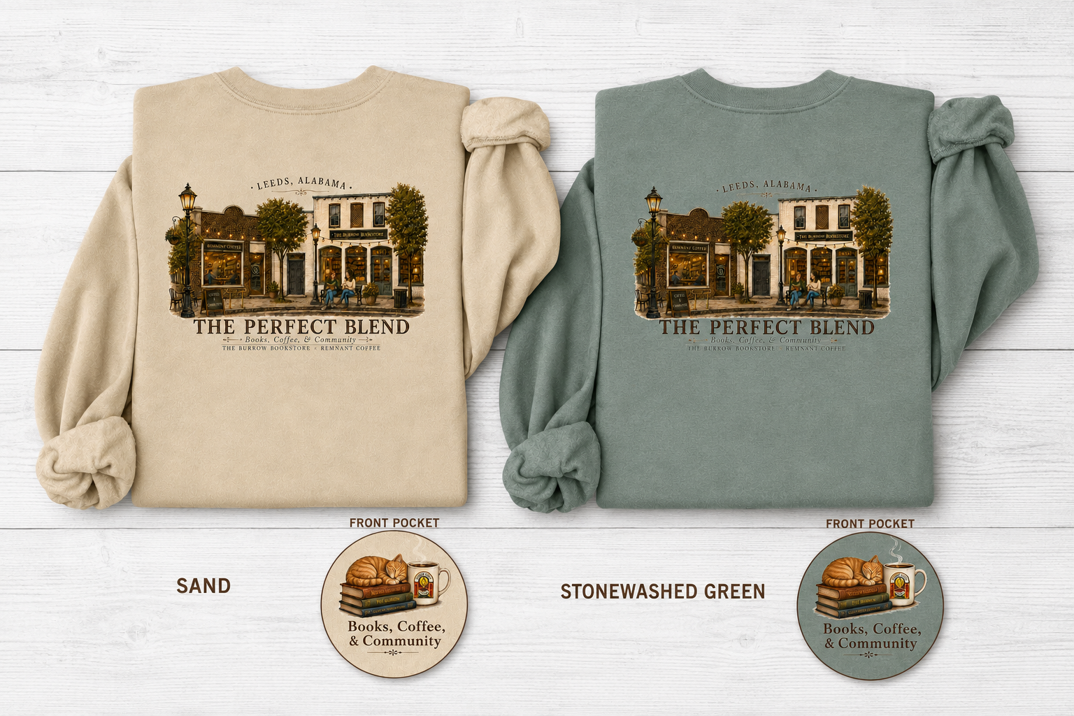 Leeds Alabama books coffee and community shirt from The Burrow Bookstore and Remnant Coffee