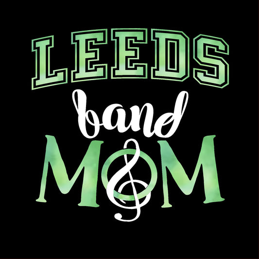 Green text 'LEEDS band MOM' with a treble clef on a black background