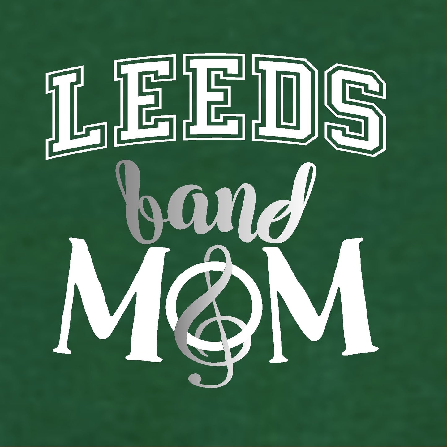 Text 'LEEDS band MOM' with a treble clef on a green background