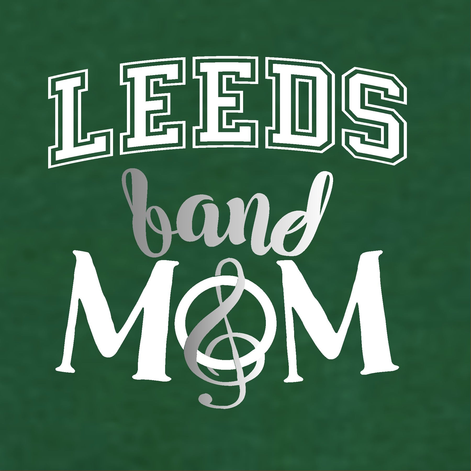Text 'LEEDS band MOM' with a treble clef on a green background