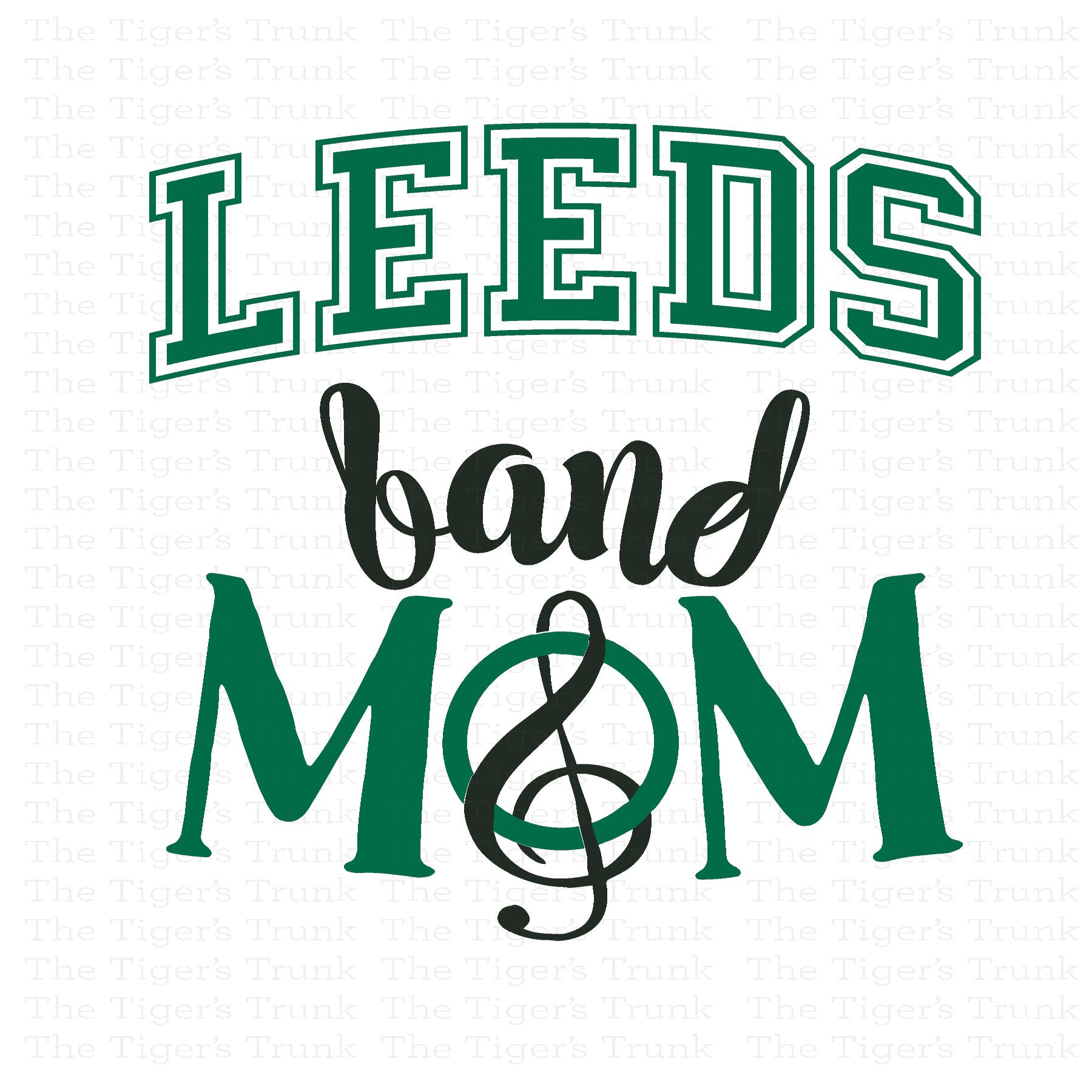Text 'LEEDS band MOM' with a treble clef symbol on a white background