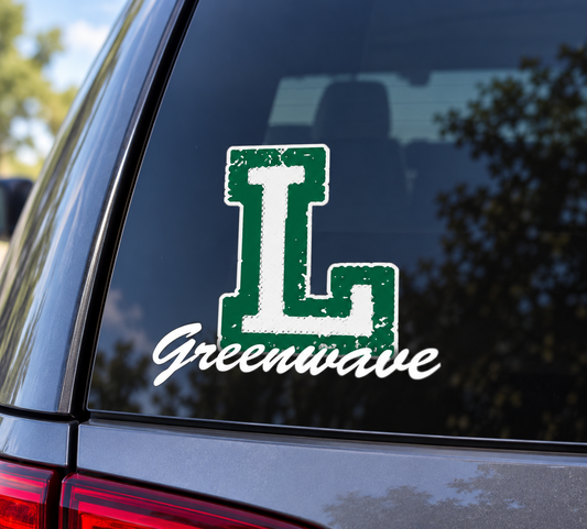 Leeds Greenwave 5 inch UV-DTF car window decal with large green varsity L and white Greenwave script