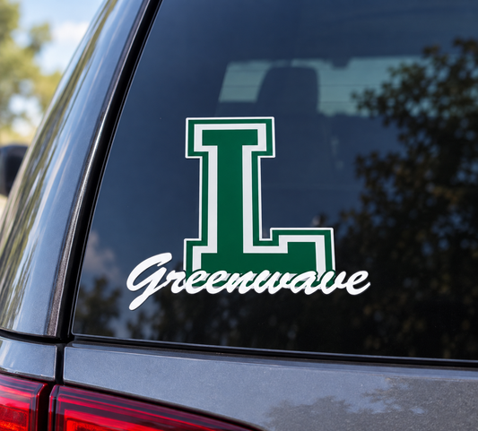 Leeds Greenwave 5 inch UV-DTF car window decal with large green varsity L and white Greenwave script