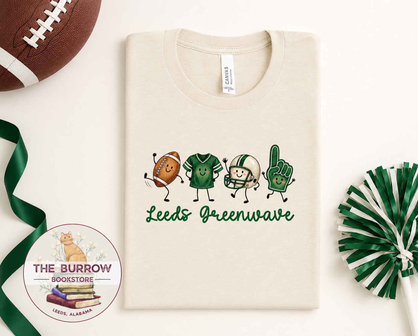 Natural Leeds Greenwave football spirit shirt with cute football, green jersey, helmet and foam finger characters