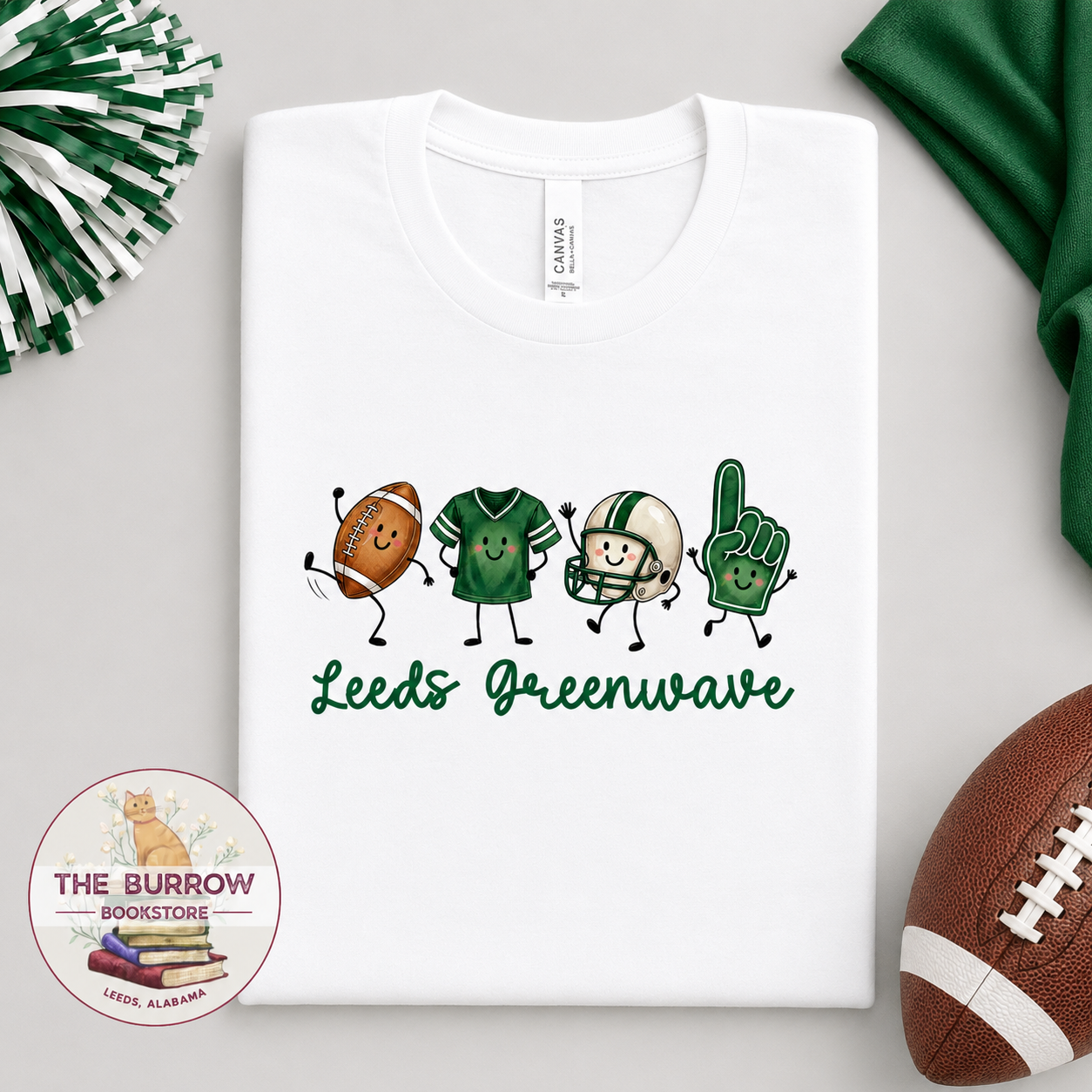 White Leeds Greenwave football shirt featuring football, jersey, helmet and green foam finger characters