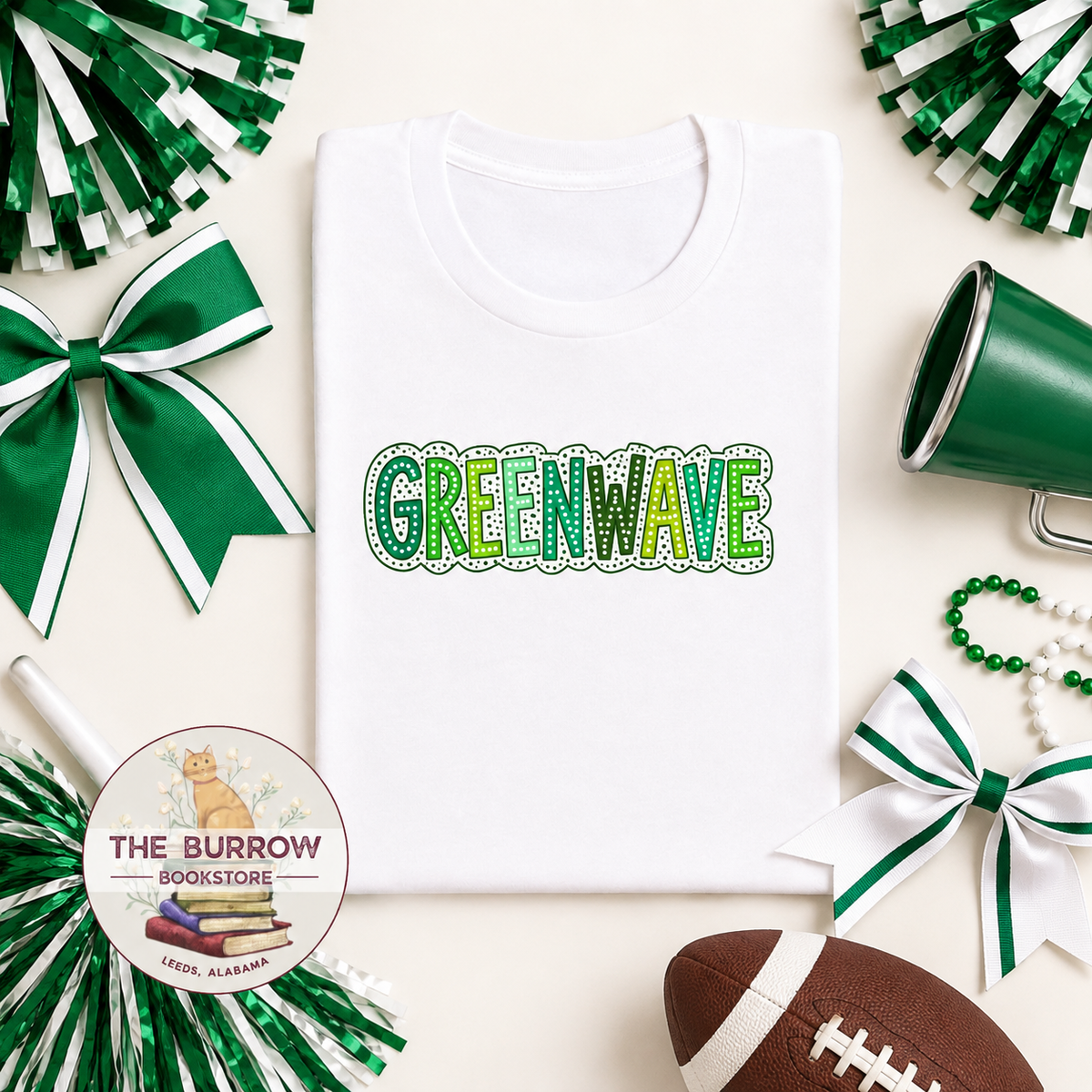 White Leeds Greenwave spirit shirt with retro green dotted Greenwave lettering