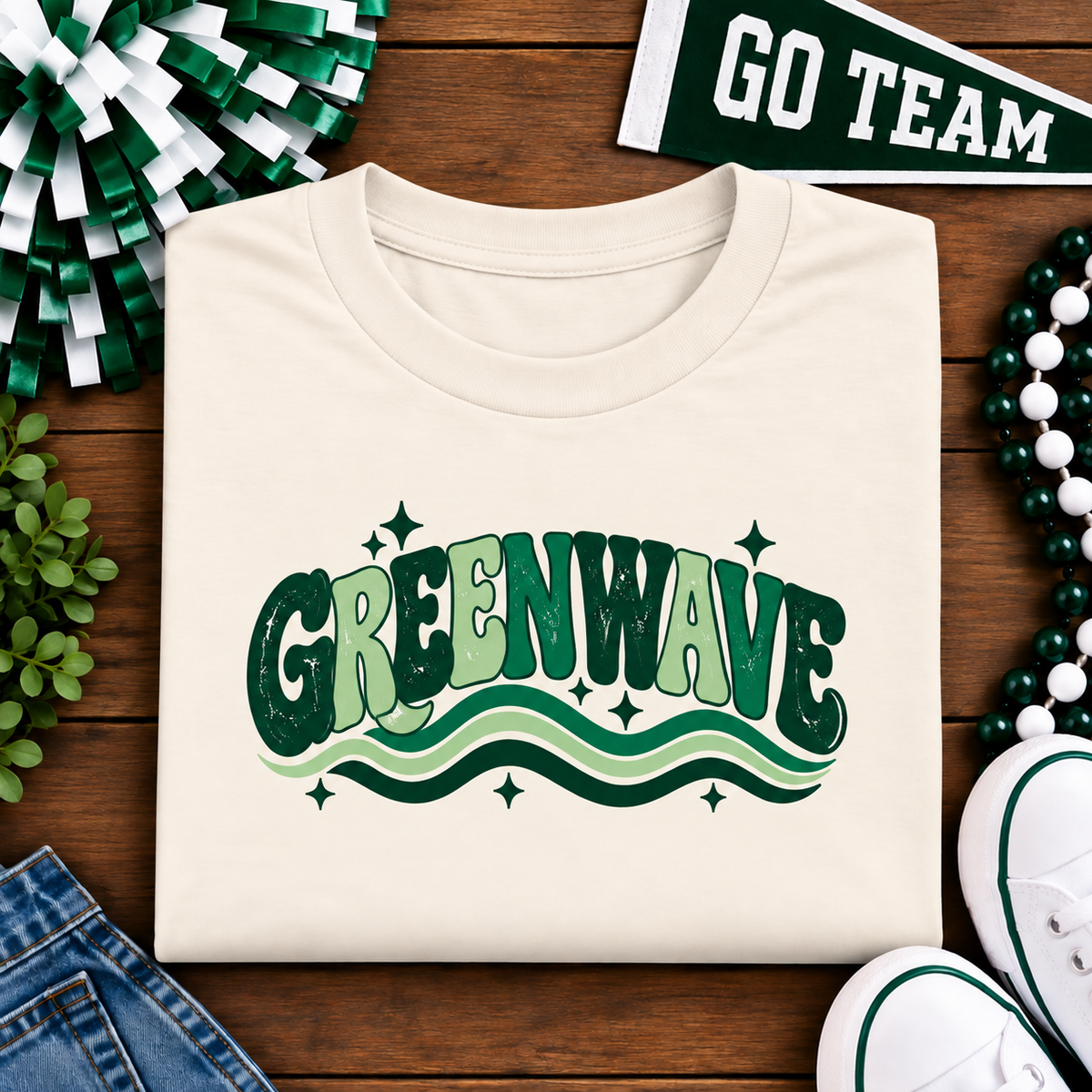 Leeds Greenwave retro school spirit shirt in heather natural with green vintage lettering