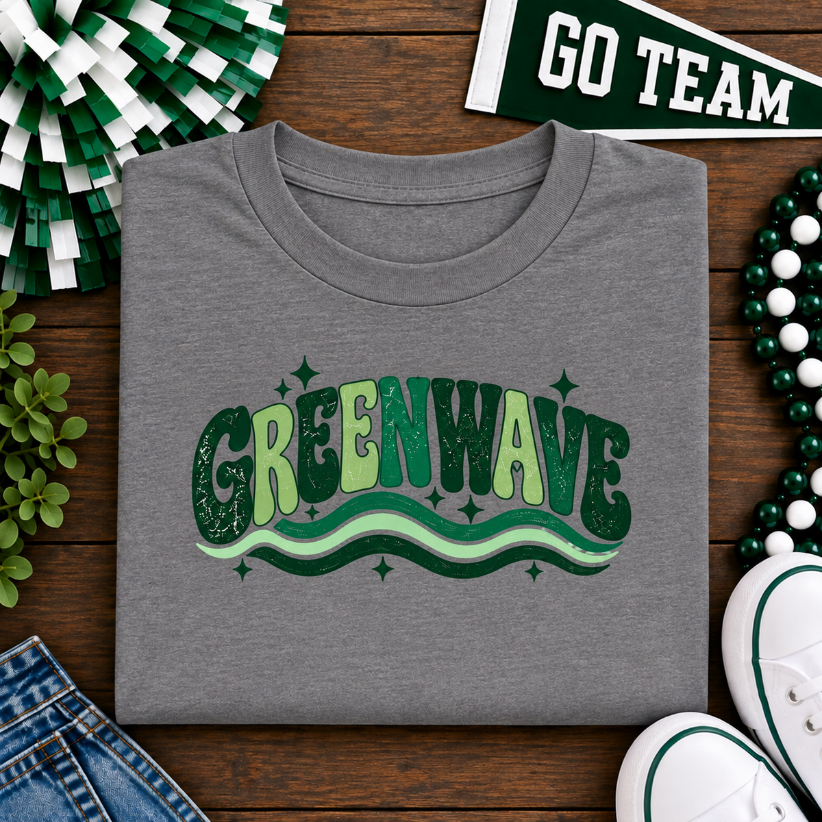 Leeds Greenwave retro school spirit shirt in heather storm with green wavy design