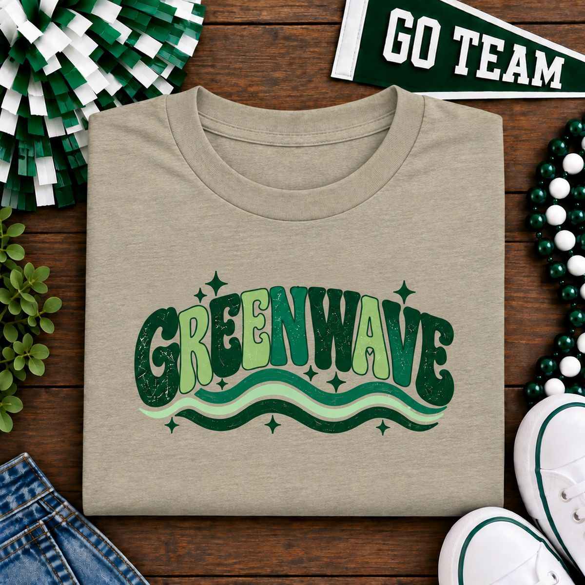Leeds Greenwave vintage style shirt in heather tan with green retro lettering