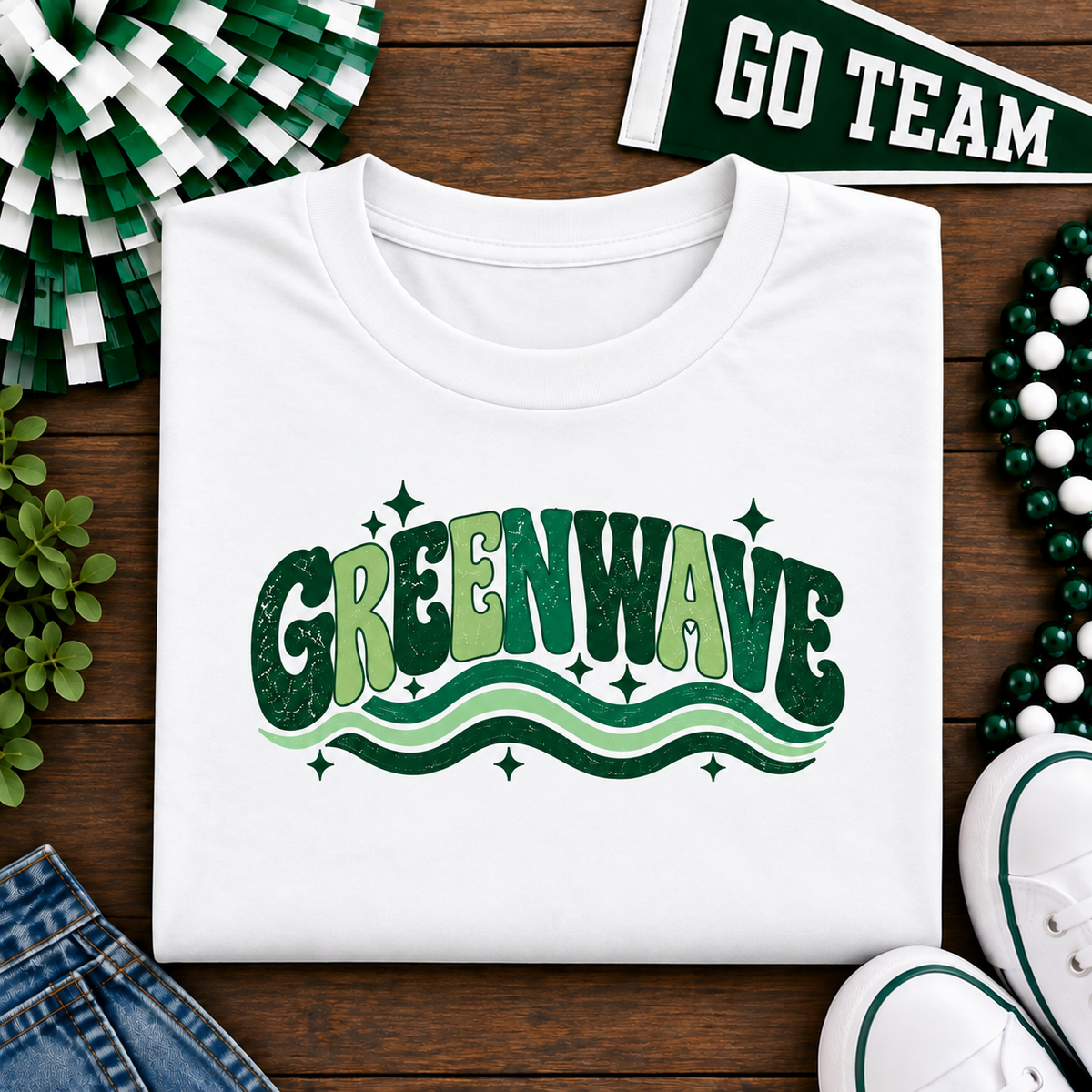 White Leeds Greenwave school spirit shirt with retro green lettering and wavy stripes