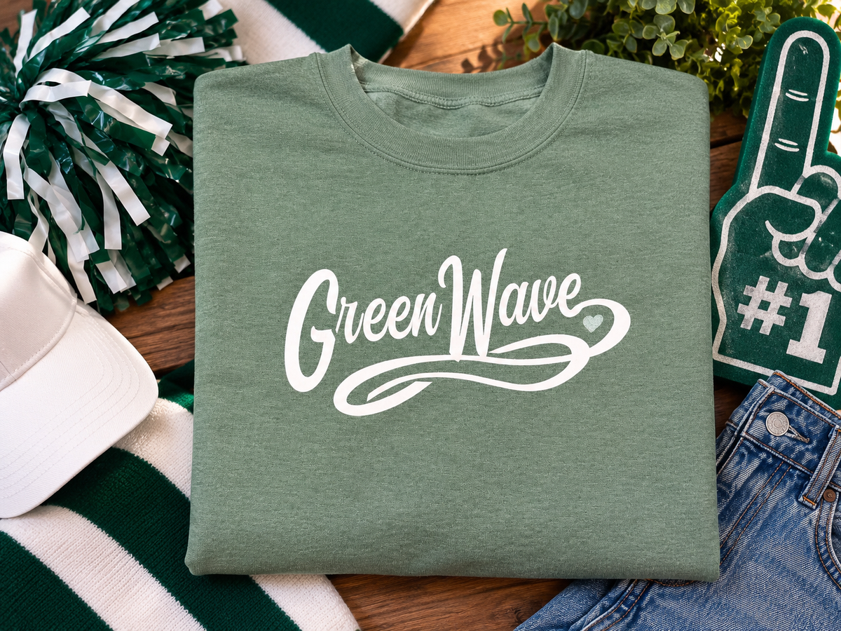 Sage green Leeds Greenwave crewneck sweatshirt featuring elegant white Greenwave script lettering with decorative flourish and small heart