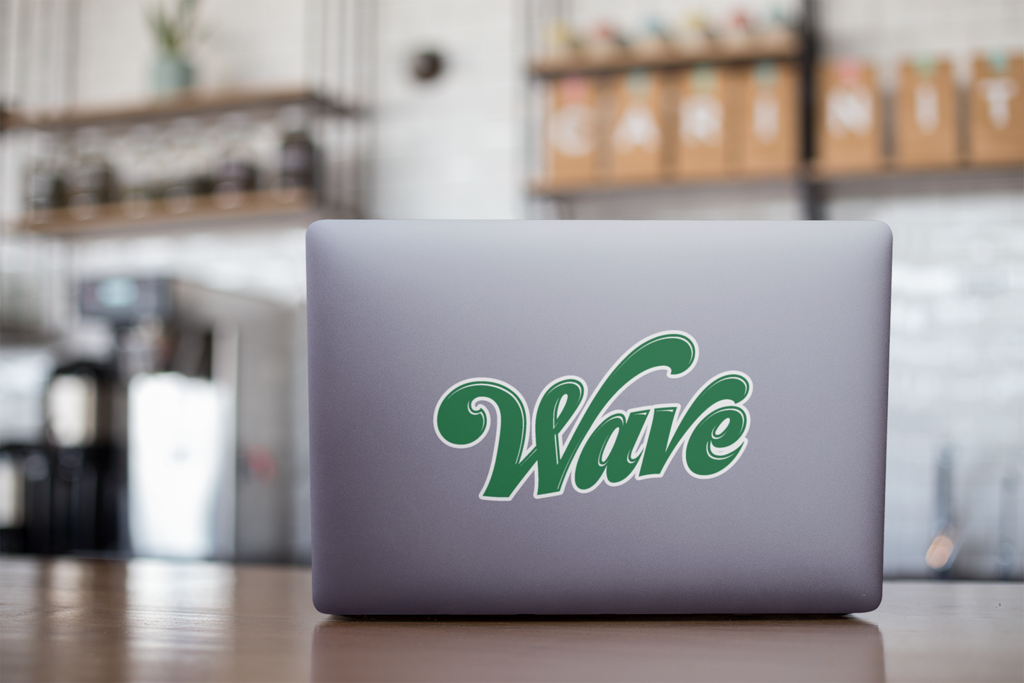 "Wave" stickers representing the Greenwave mascot, available in die-cut and UV-DTF styles for versatile use.