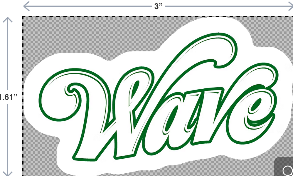 "Wave" stickers representing the Greenwave mascot, available in die-cut and UV-DTF styles for versatile use.