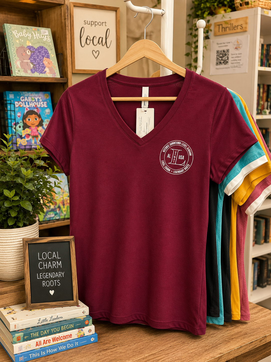 A maroon short-sleeve V-neck t-shirt with a circular white graphic on the left chest, hanging on a wooden hanger in a retail shop setting.