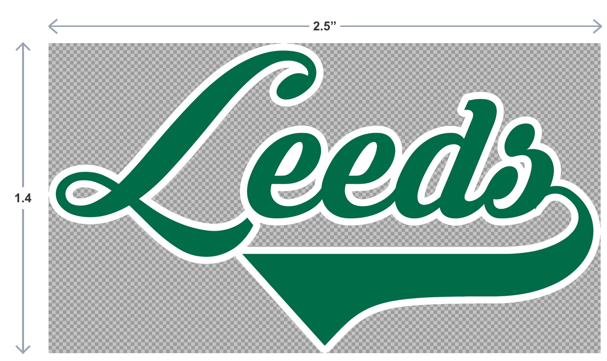 Green 'Leeds' logo with dimensions on a gray background