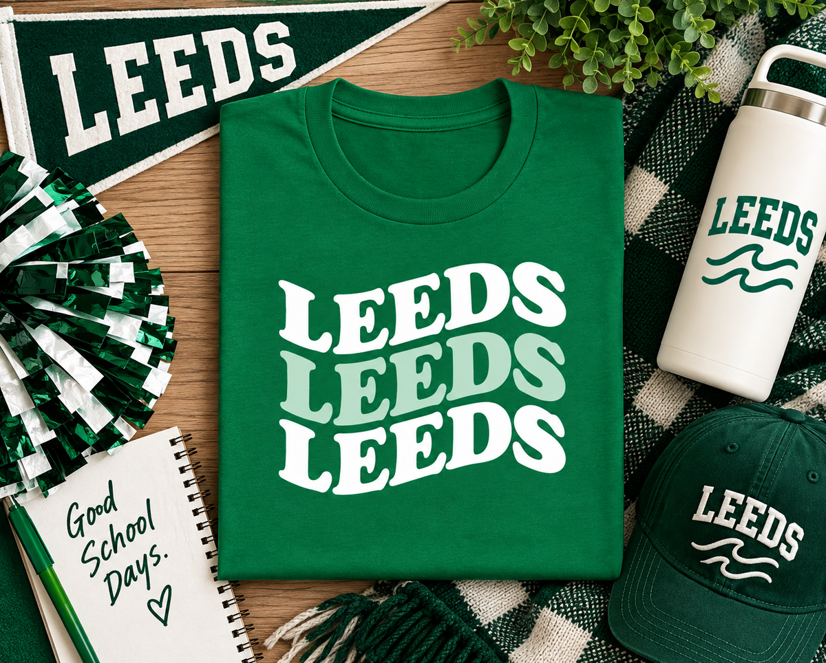 Leeds retro school spirit T-shirt in green with LEEDS repeated three times in white and light green