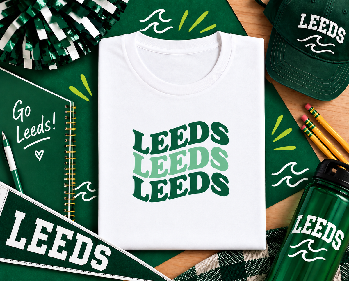 Leeds retro school spirit T-shirt in white with LEEDS repeated three times in green and light green