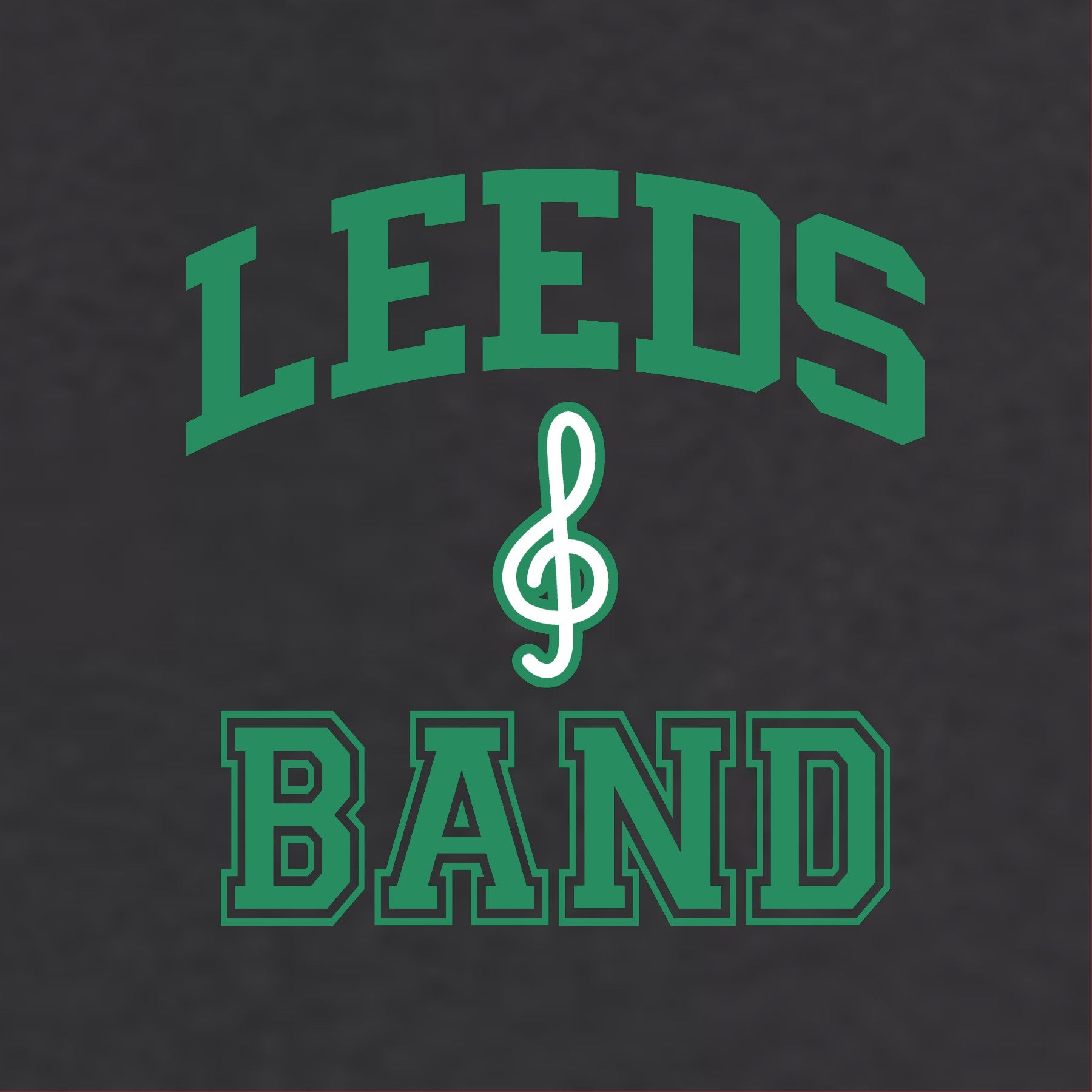 Green 'LEEDS BAND' text with a treble clef on a black background