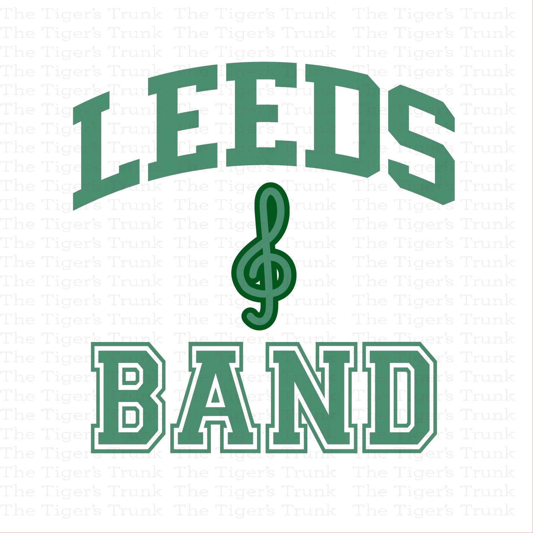 Green 'LEEDS BAND' text with a treble clef on a white background