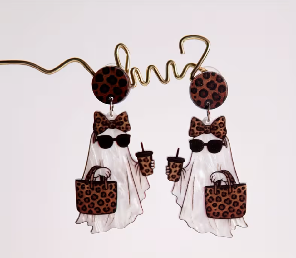 Acrylic Halloween ghost dangle earrings with sunglasses, leopard print bows, handbags and drinks.