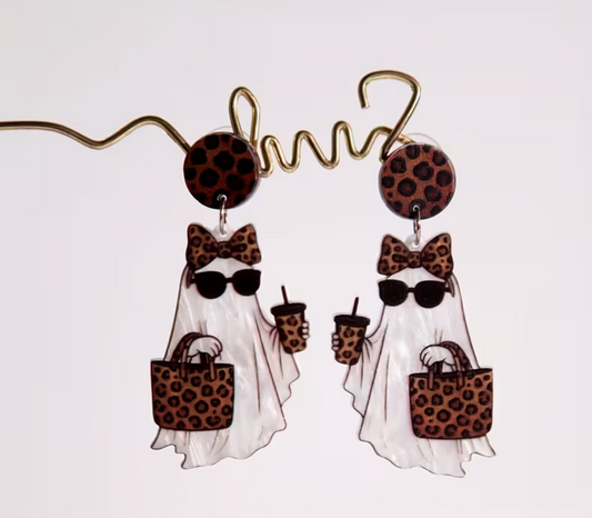 Acrylic Halloween ghost dangle earrings with sunglasses, leopard print bows, handbags and drinks.