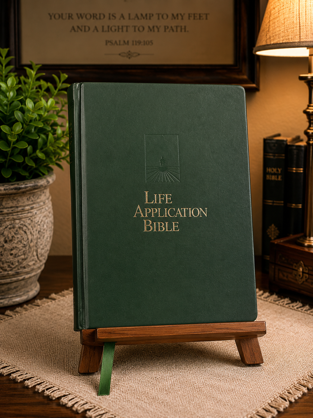 Green hardcover Life Application Bible in The Living Bible translation published by Tyndale House.