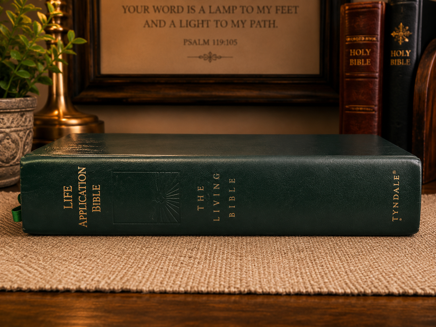 Spine of vintage 1988 Life Application Bible showing The Living Bible title and Tyndale branding.