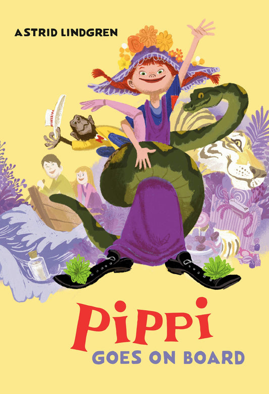 Book cover of 'Pippi Goes on Board' by Astrid Lindgren with colorful illustration of Pippi Longstocking and animals.