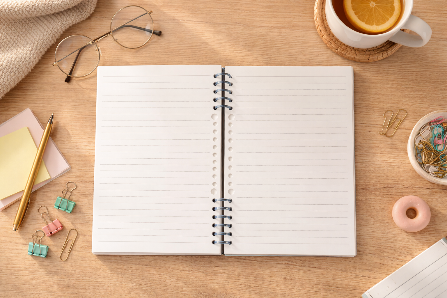 Open lined journal interior showing two blank lined pages with spiral binding on a desk flat lay with glasses, tea, paper clips and stationery accessories.