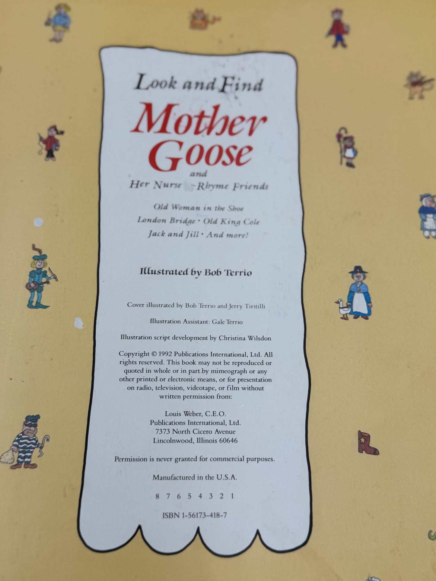 Cover of a children's book titled 'Look and Find Mother Goose' with illustrations on a yellow background.