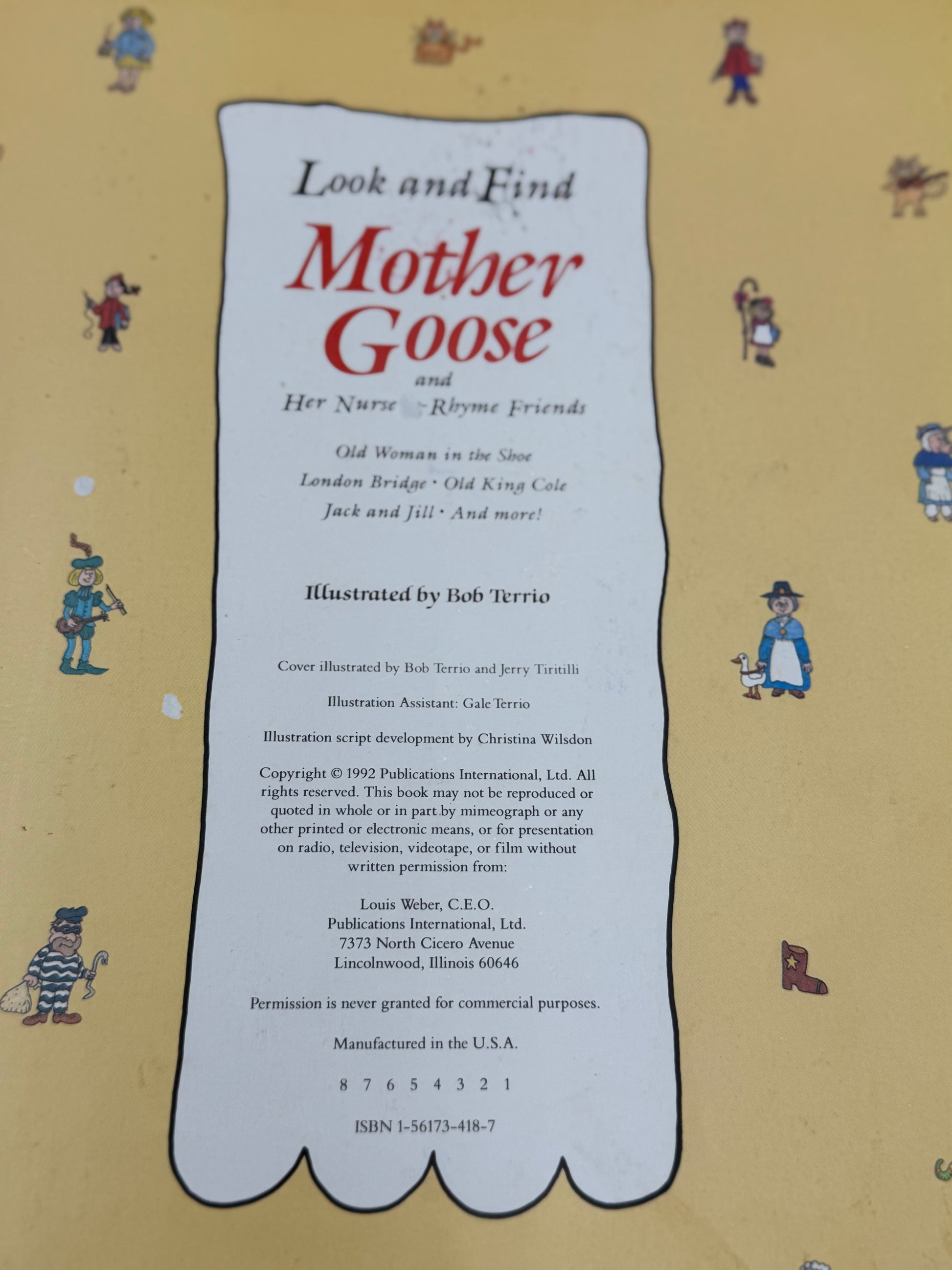 Cover of a children's book titled 'Look and Find Mother Goose' with illustrations on a yellow background.
