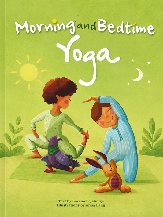 Cover of Morning and Bedtime Yoga by Lorena Pajalunga, a colorful children’s yoga book featuring illustrated kids practicing calming yoga poses for morning and bedtime routines.