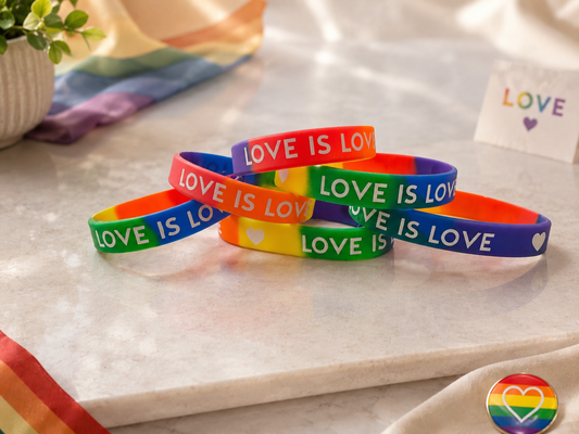 rainbow silicone pride bracelets with Love Is Love text displayed on a neutral background with subtle pride-themed accents