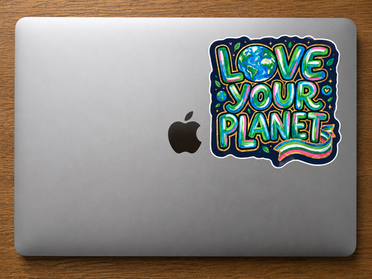 Colorful Love Your Planet vinyl sticker featuring hand-lettered artwork with Earth illustrations and eco-friendly nature accents.