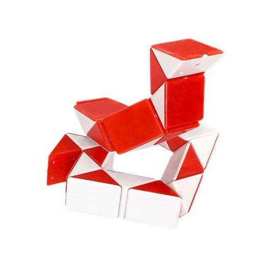 Red and white magic snake cube puzzle twisted into animal shape