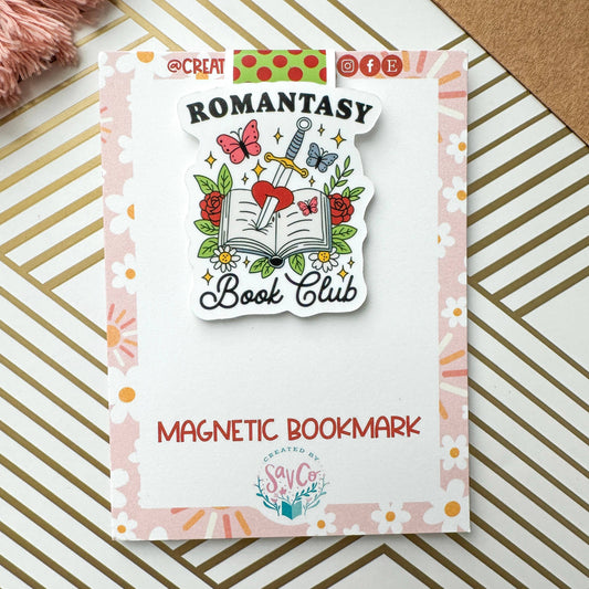 Magnetic bookmark with the phrase Romantasy Book Club Fantasy, perfect for fans of romantic fantasy novels and magical worlds.