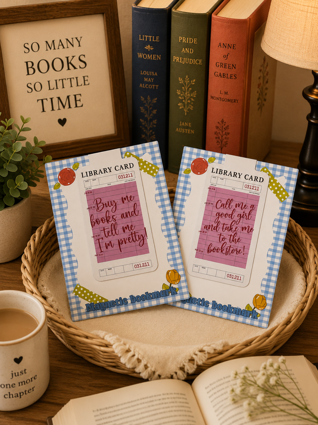 Two magnetic library card bookmarks displayed together in a cozy bookish setting.