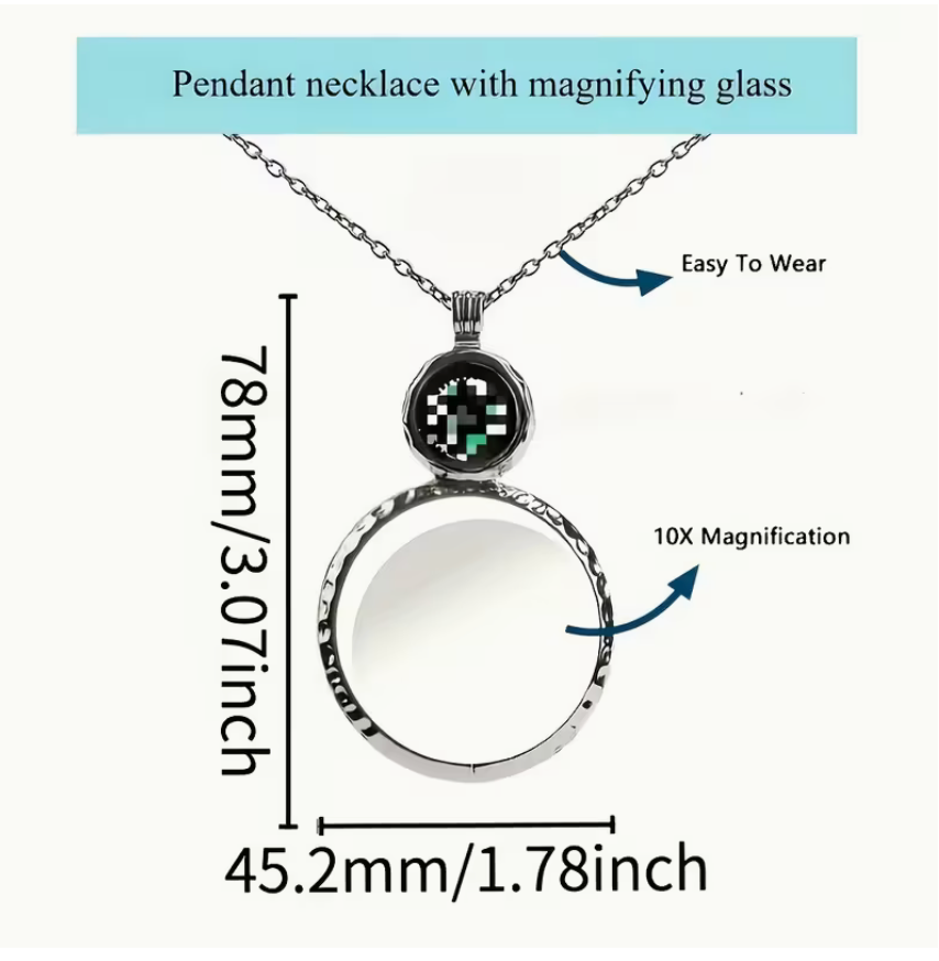 Dimension chart showing magnifying glass pendant necklace measurements and 10x magnification details.