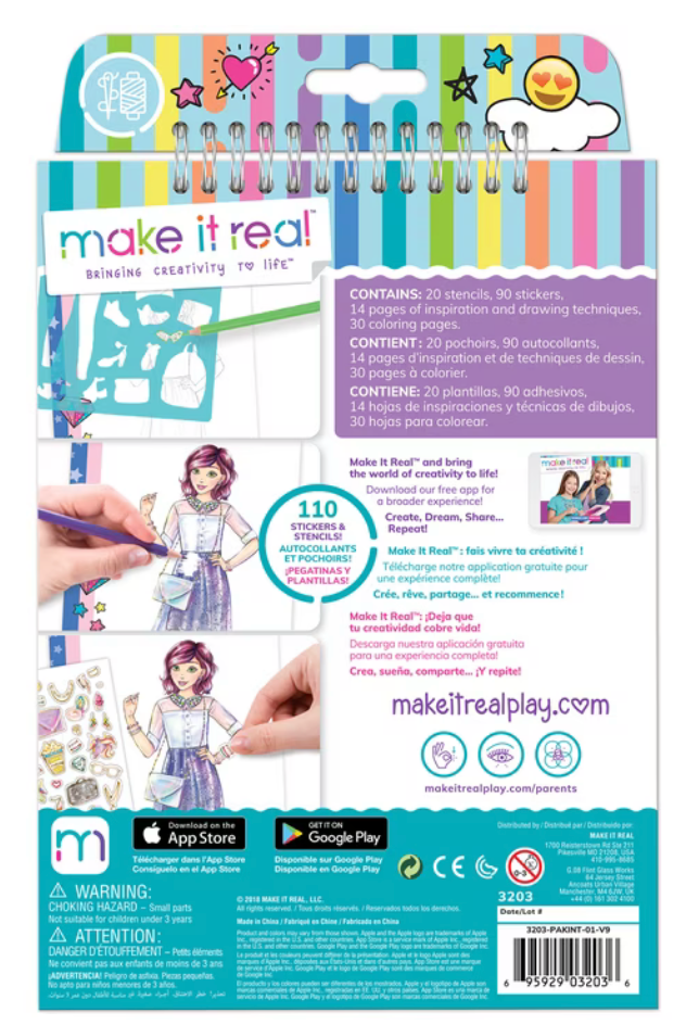 Back of Make It Real Digital Dream Fashion Design Sketchbook showing included stencils, stickers, coloring pages and drawing activities